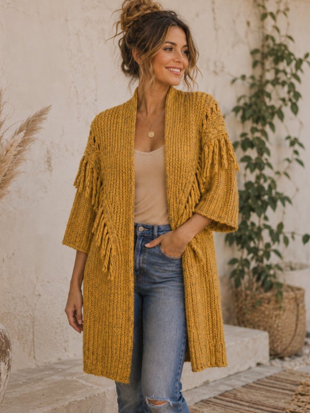 Anthropologie‎ Stevie Boho Fringe Cardigan Sweater Mustard Chunky Oversized OS